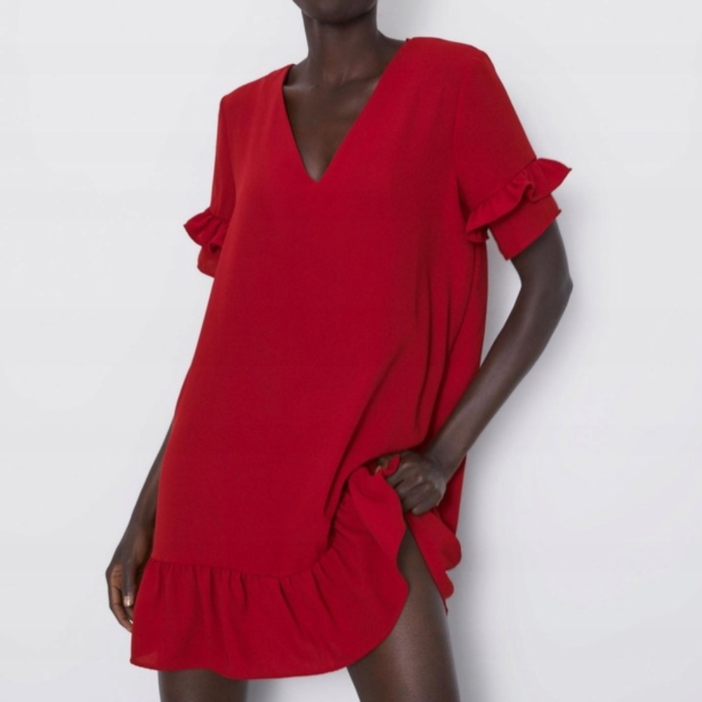 Zara Mini Dress, Bright Red, size XS S, V-neck, Ruffle Party Summer - EUC